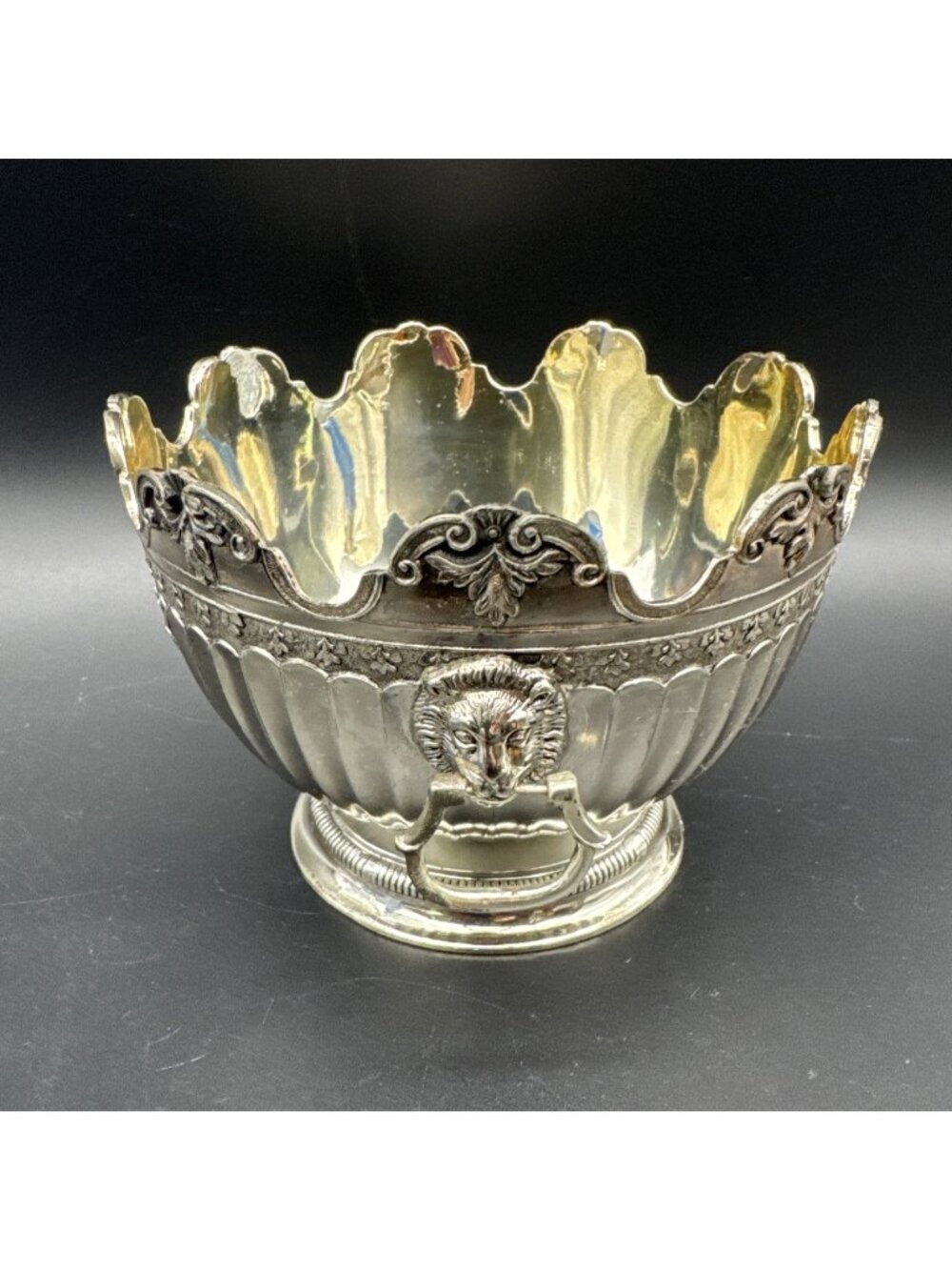 VTG Silverplate Monteith Bowl Lion Head Door Knocker Handles Ornate Scallop 5”